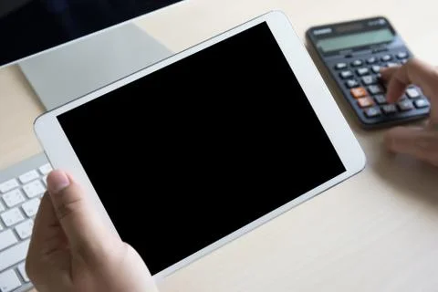 Man Sitting Sofa Using Hands Modern Smartphone Tablet Stock Photos