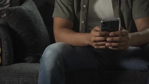 Man sitting on sofa using smartphone Stock Footage 317056054
