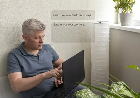A man sitting on a sofa while looking at a screen of a laptop, engaging wit.. Stock Photos