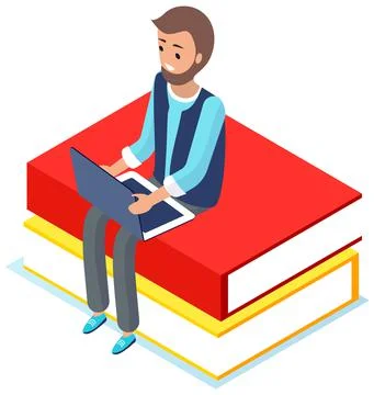 Man sitting on stack of large books, reading via internet. Online library Stock Illustration