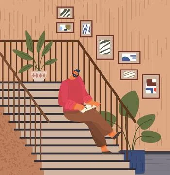 Man sitting on staircase using smartphone. Businessman making notes and talking Stock Illustration