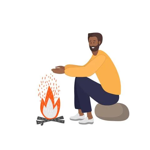 Man sitting on stone and warming hands near bonfire. Burning wood. Outdoor Stock Illustration