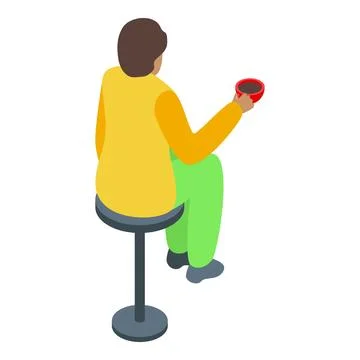 Man sitting on stool drinking coffee back view isometric icon Stock Illustration