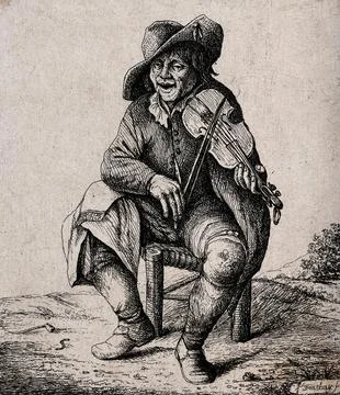 A man is sitting on a stool playing a fiddle. Etching by D. Deuchar. Stock Illustration