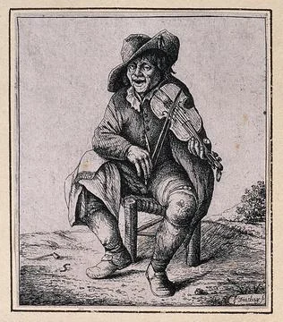 A man is sitting on a stool playing a violin. Etching by D. Deuchar. Stock Illustration