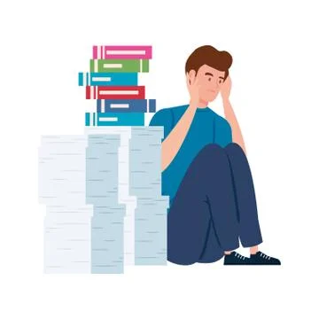 Man sitting with stress attack and stack of documents 库存插图