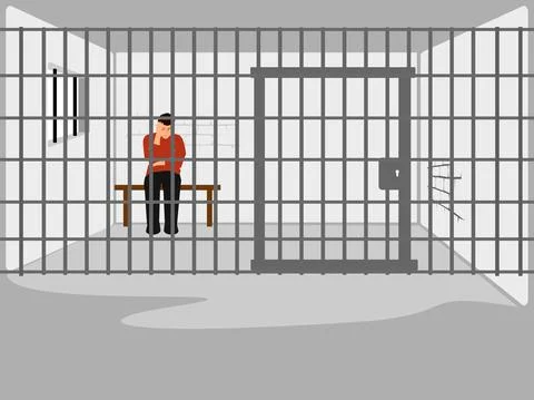 Man sitting stressed in a prison cell with iron bars in the background Stock Illustration