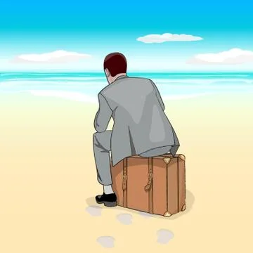 Man sitting on suitcase at the beach Stock Illustration
