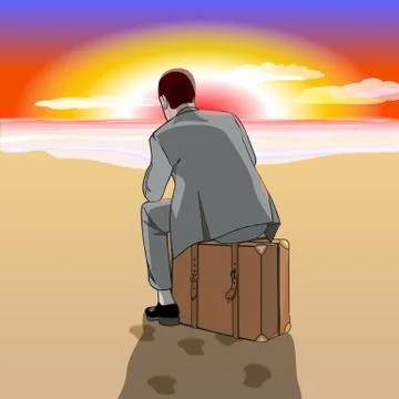 Man sitting on suitcase at the beach Stock Illustration