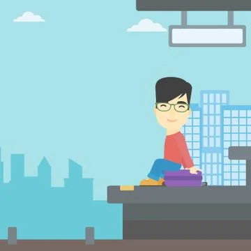 Man sitting on suitcase at the train station イラスト素材