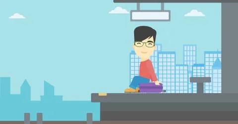 Man sitting on suitcase at the train station イラスト素材