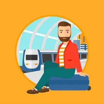 Man sitting on suitcase at the train station. Stock Illustration