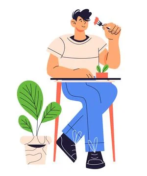 Man sitting at table and eating with fork, cartoon flat vector illustration i Stock Illustration