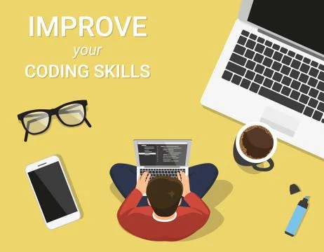 Man is sitting on the table and working with laptop イラスト素材