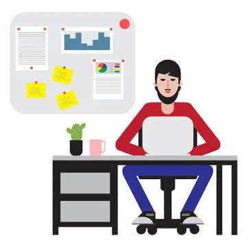 Man sitting at table and working on laptop. Illustrazione stock