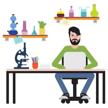 Man sitting at table and working on laptop. Illustrazione stock