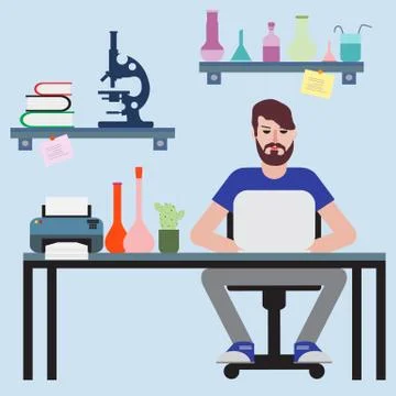 Man sitting at table and working on laptop. Illustrazione stock