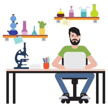 Man sitting at table and working on laptop. Stock Illustration