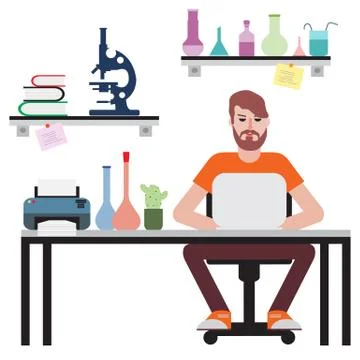 Man sitting at table and working on laptop. Stock Illustration