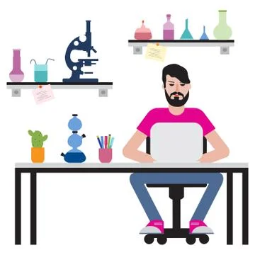 Man sitting at table and working on laptop. Illustrazione stock
