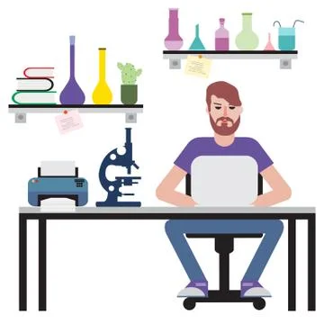 Man sitting at table and working on laptop. 스톡 일러스트