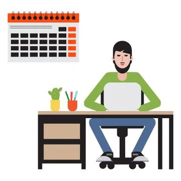 Man sitting at table and working on laptop. Illustrazione stock