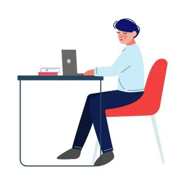 Man Sitting at the Table and Working on the Laptop Computer Vector Illustration Stock Illustration