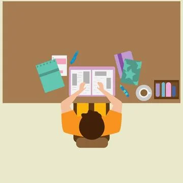 Man sitting at the table and working with workspace. Stock Illustration