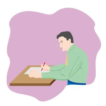 The man sitting at the table and writing notes on a piece of paper with a pen Stock Illustration