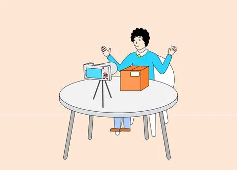 Man sitting at a table with a box in front of him Stock Illustration