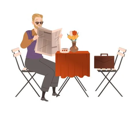 Man sitting at table in cafe and reading newspaper vector illustration Illustrazione stock