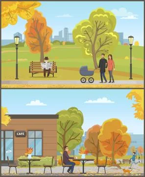 Man Sitting by Table of Cafe Autumn Set Vector Ilustração Stock