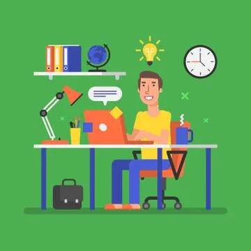 Man is sitting at table with computer and came up with an idea Illustrazione stock