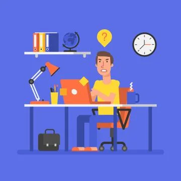 Man is sitting at table with computer and ran into problem Stock Illustration