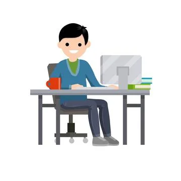 Man sitting at table with computer and monitor. Stock Illustration