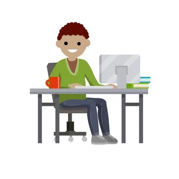 Man sitting at table with computer and monitor. Cup of coffee and books. Stock Illustration