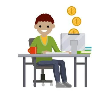 Man sitting at table with computer. Online income and salary. Stock Illustration