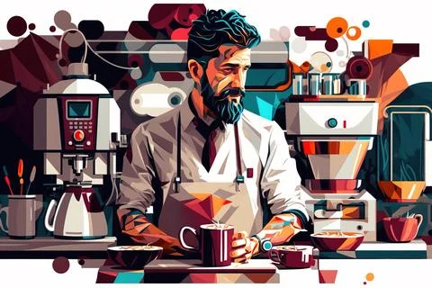 A man sitting at a table with a cup of coffee in front of him and a coffee .. Stock Illustration