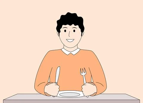 Man is sitting at a table with a fork and knife in front of him Illustrazione stock