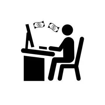 Man sitting at a table in front of the computer vector icon Stock Illustration