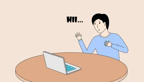 Man is sitting at a table with a laptop and say hi Stock Illustration