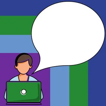 Man sitting at the table with laptop. Big white speech bubble for text overhead Stock Illustration
