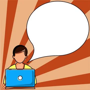 Man sitting at the table with laptop. Big white speech bubble for text overhead Stock Illustration