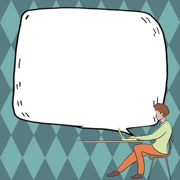 Man sitting at the table with laptop. Big white speech bubble for text overhead Stock Illustration