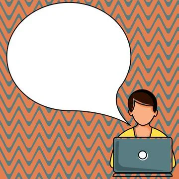 Man sitting at the table with laptop. Big white speech bubble for text overhead Stock Illustration
