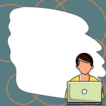 Man sitting at the table with laptop. Big white speech bubble for text overhead Stock Illustration
