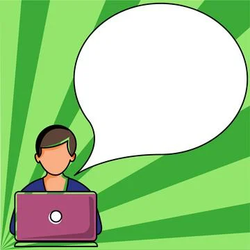 Man sitting at the table with laptop. Big white speech bubble for text overhead Stock Illustration