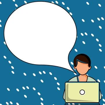 Man sitting at the table with laptop. Big white speech bubble for text overhead Stock Illustration