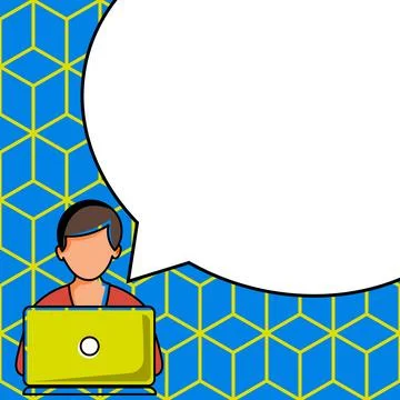Man sitting at the table with laptop. Big white speech bubble for text overhead Stock Illustration