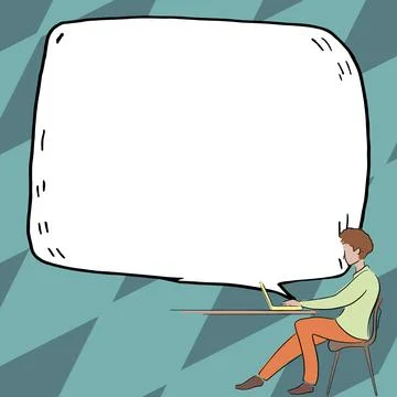 Man sitting at the table with laptop. Big white speech bubble for text overhead Stock Illustration